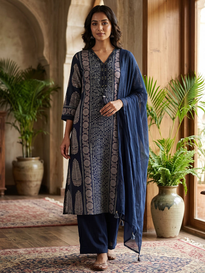 Blue Printed Cotton Blend Kurta With Pant &amp; Dupatta