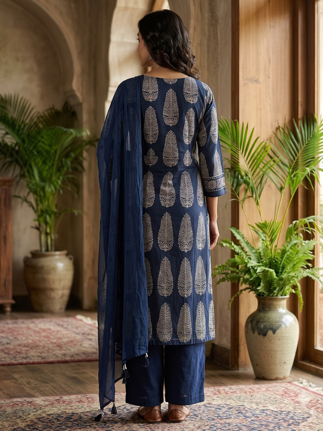 Blue Printed Cotton Blend Kurta With Pant &amp; Dupatta