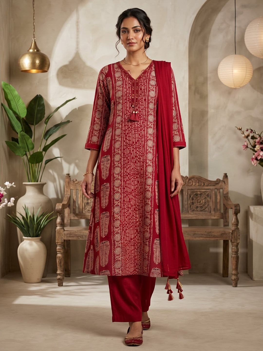Red Printed Cotton Blend Kurta With Pant &amp; Dupatta