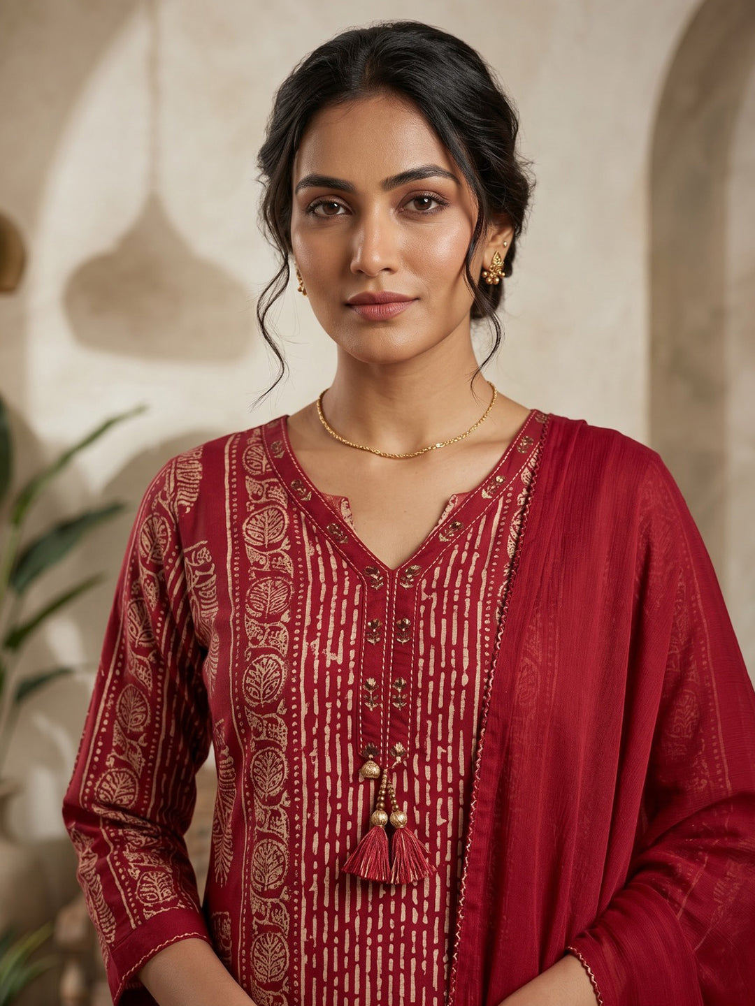 Red Printed Cotton Blend Kurta With Pant &amp; Dupatta