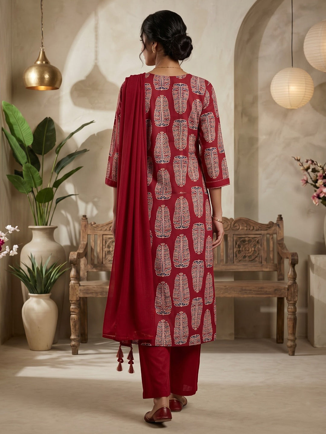 Red Printed Cotton Blend Kurta With Pant &amp; Dupatta