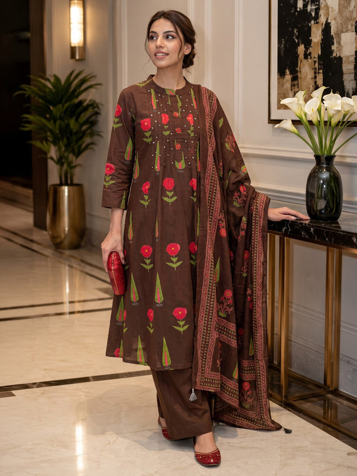 Brown Printed Cotton Blend Kurta With Pant &amp; Dupatta