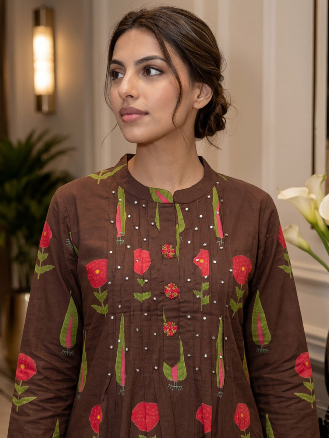 Brown Printed Cotton Blend Kurta With Pant &amp; Dupatta