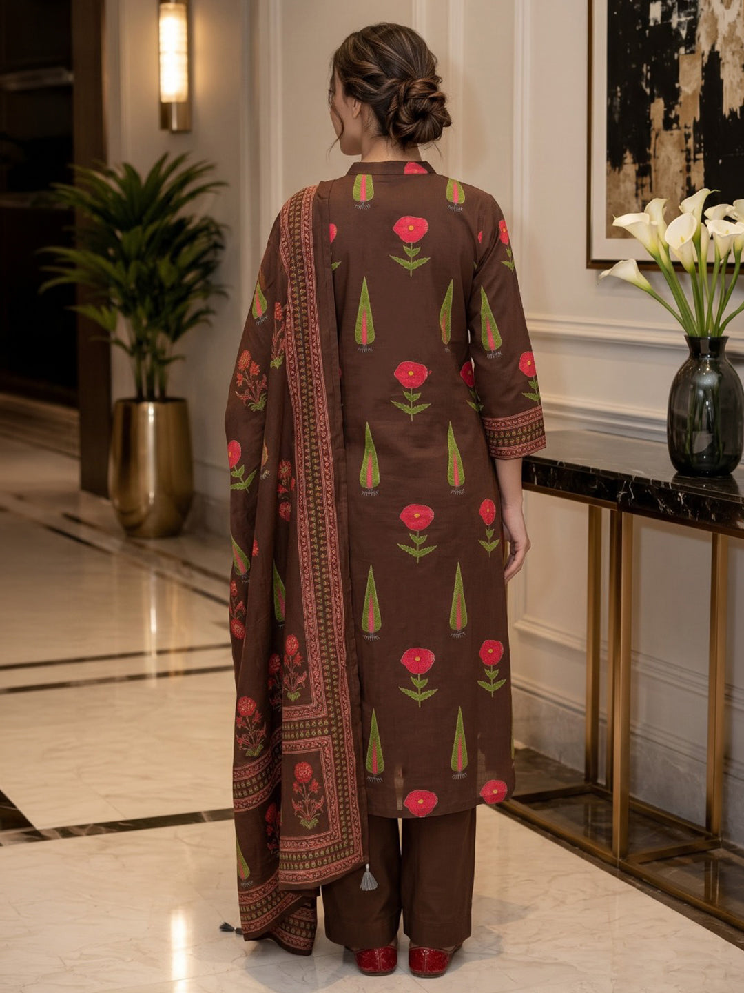 Brown Printed Cotton Blend Kurta With Pant &amp; Dupatta