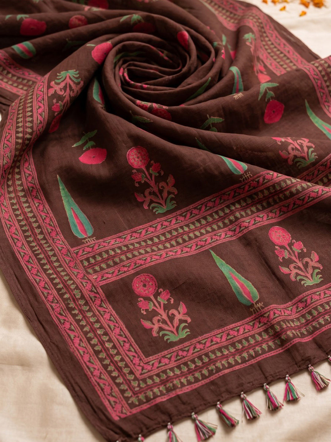 Brown Printed Cotton Blend Kurta With Pant &amp; Dupatta
