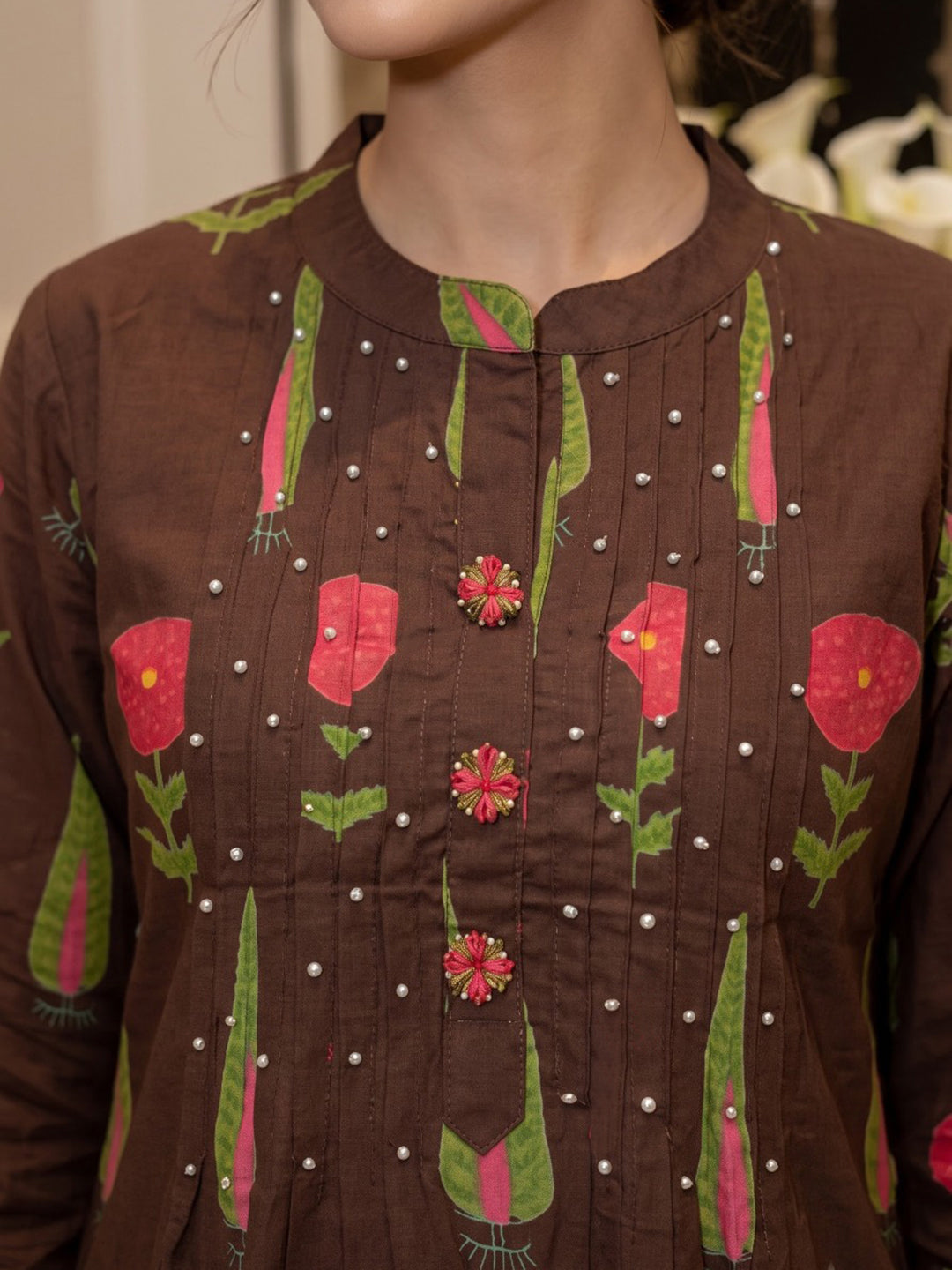 Brown Printed Cotton Blend Kurta With Pant &amp; Dupatta
