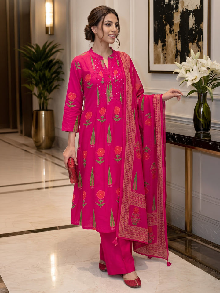 Rani Printed Cotton Blend Kurta With Pant &amp; Dupatta