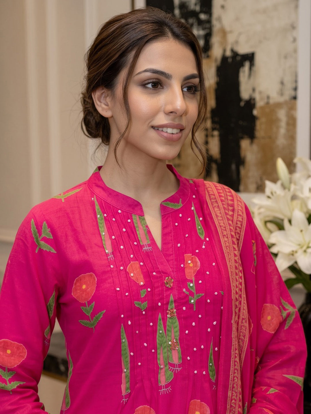 Rani Printed Cotton Blend Kurta With Pant &amp; Dupatta