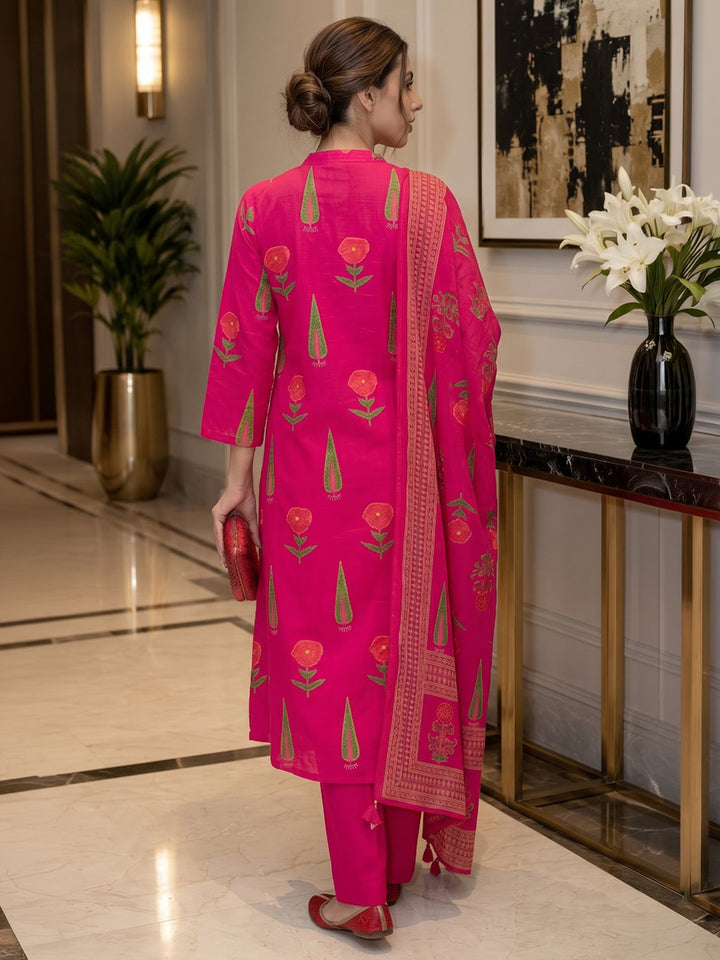 Rani Printed Cotton Blend Kurta With Pant &amp; Dupatta