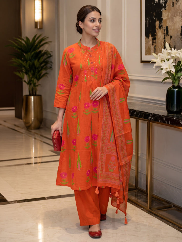 Rust Printed Cotton Blend Kurta With Pant &amp; Dupatta