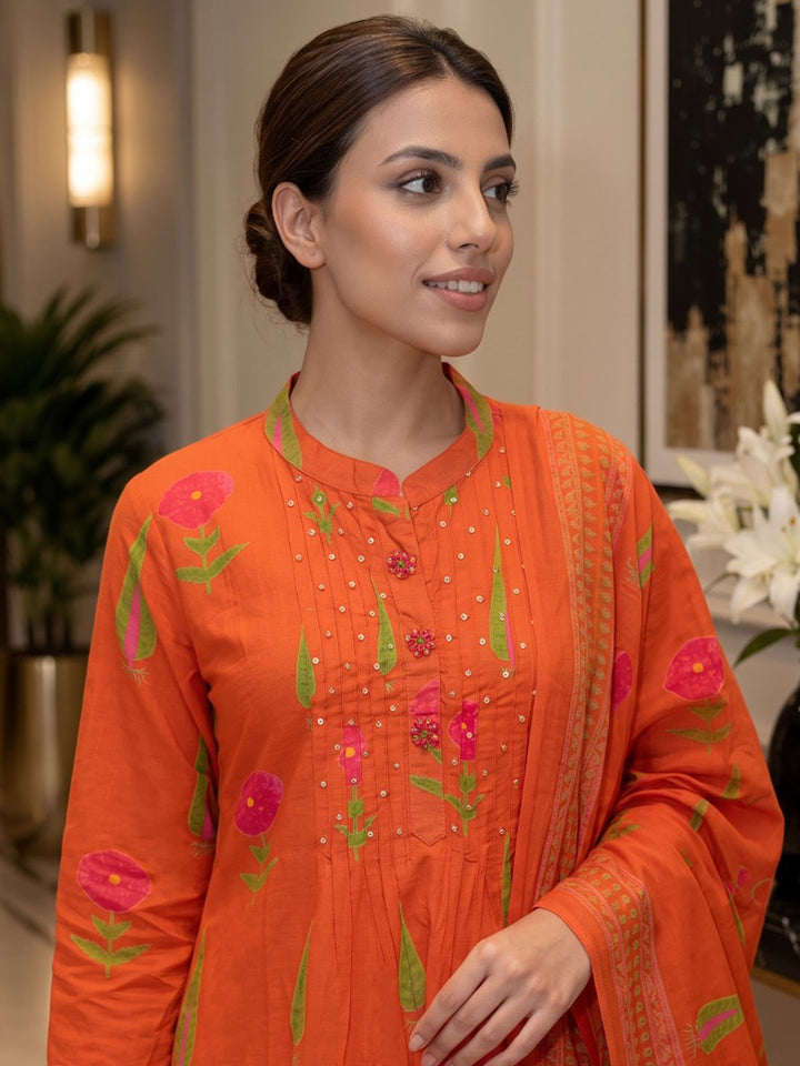 Rust Printed Cotton Blend Kurta With Pant &amp; Dupatta