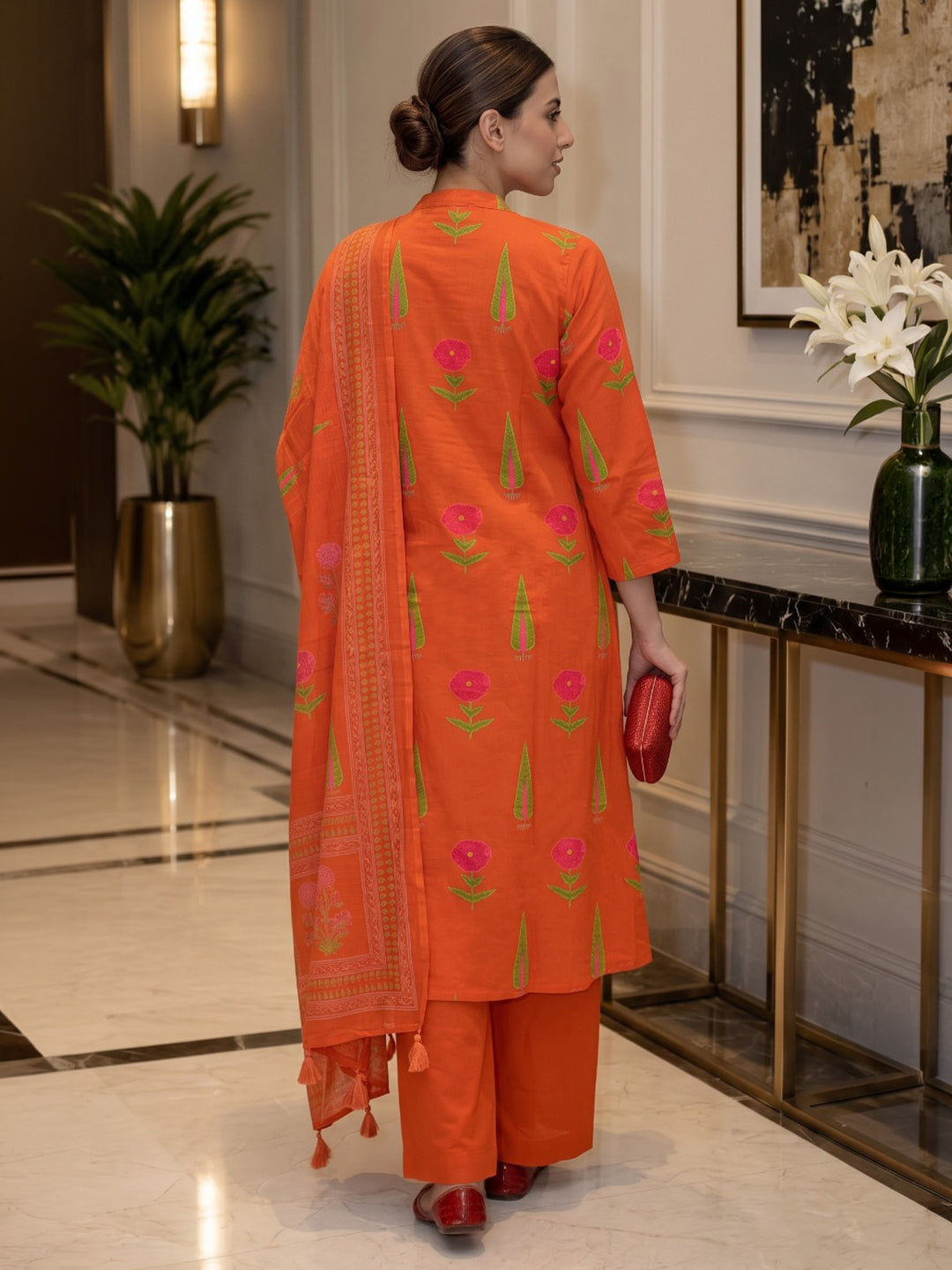 Rust Printed Cotton Blend Kurta With Pant &amp; Dupatta