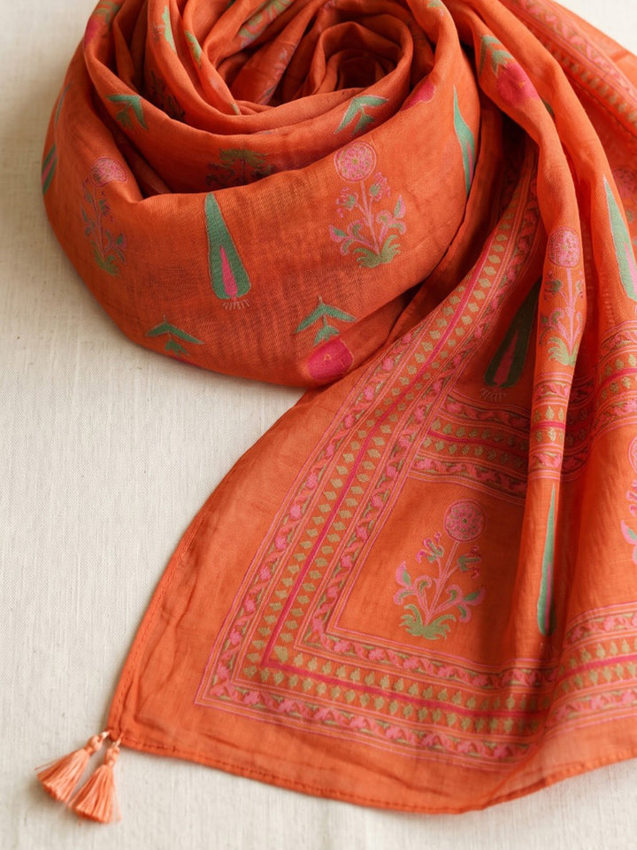 Rust Printed Cotton Blend Kurta With Pant &amp; Dupatta