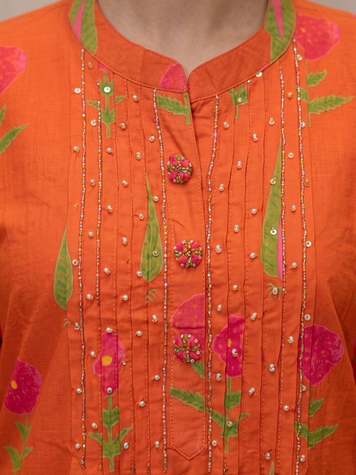 Rust Printed Cotton Blend Kurta With Pant &amp; Dupatta