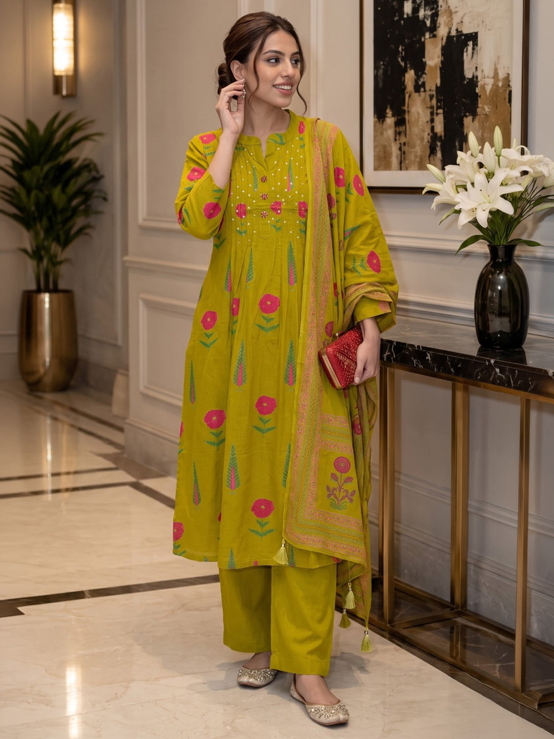 Yellow Printed Cotton Blend Kurta With Pant &amp; Dupatta