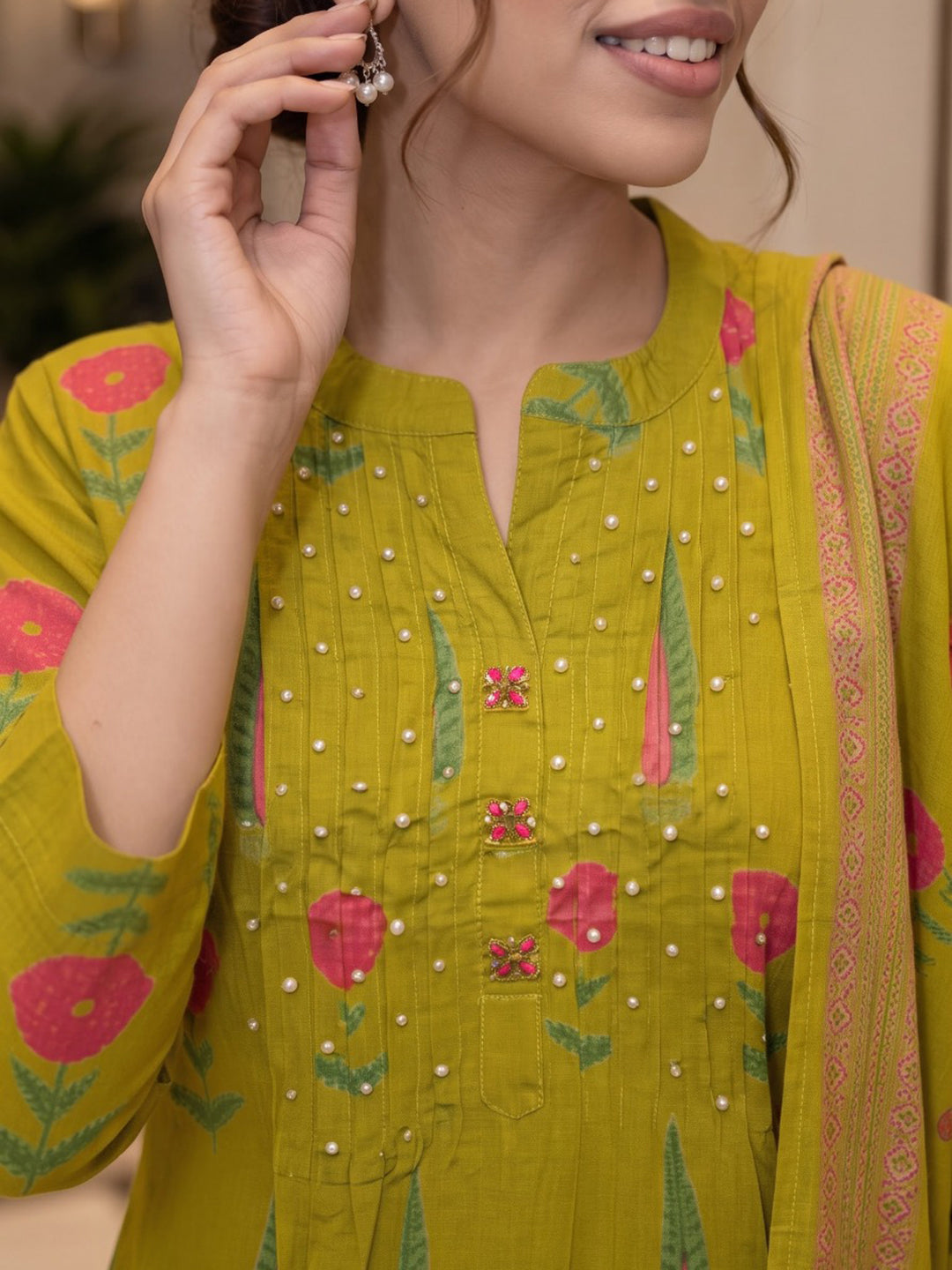 Yellow Printed Cotton Blend Kurta With Pant &amp; Dupatta