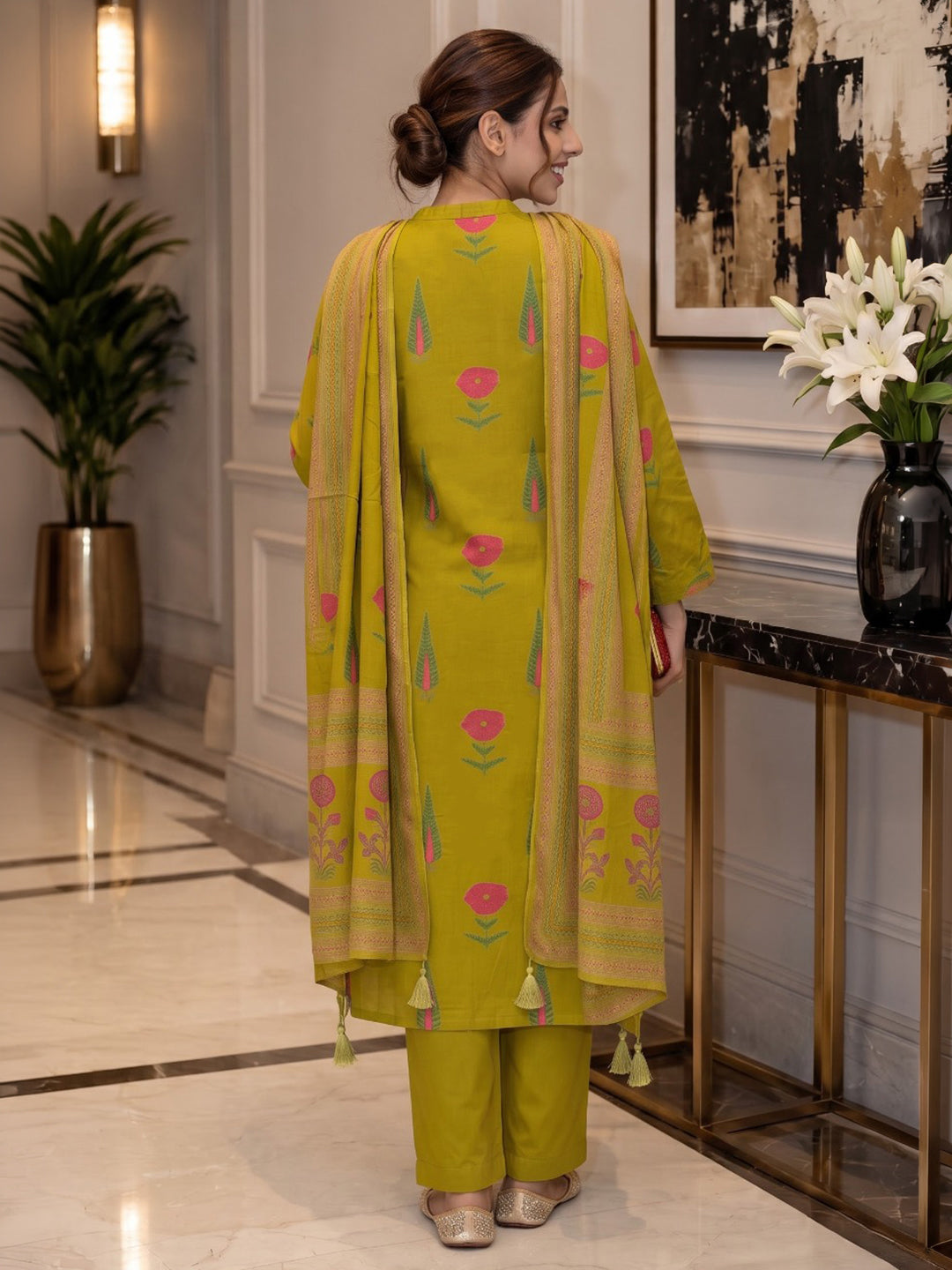 Yellow Printed Cotton Blend Kurta With Pant &amp; Dupatta