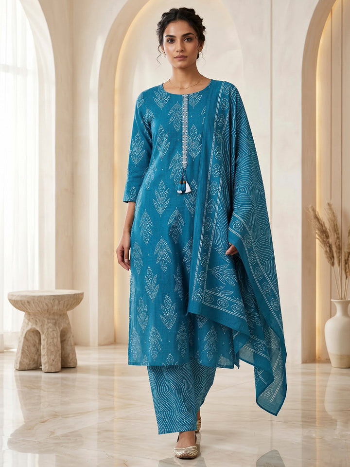 Blue Printed Cotton Blend Kurta With Pant &amp; Dupatta