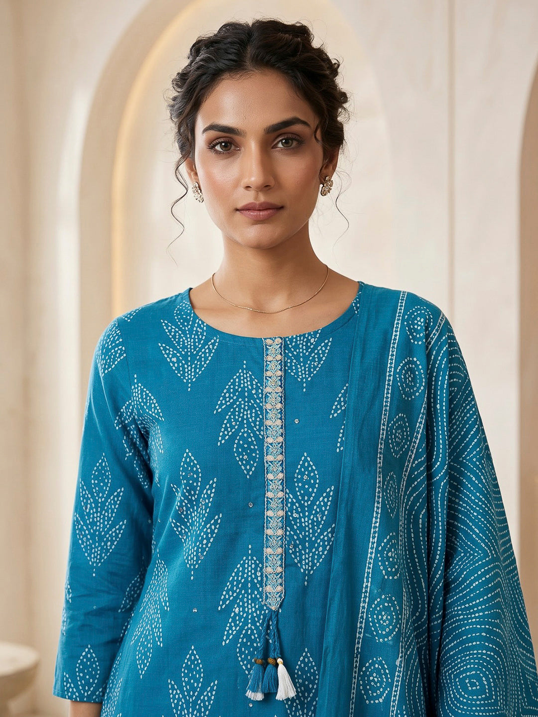 Blue Printed Cotton Blend Kurta With Pant &amp; Dupatta