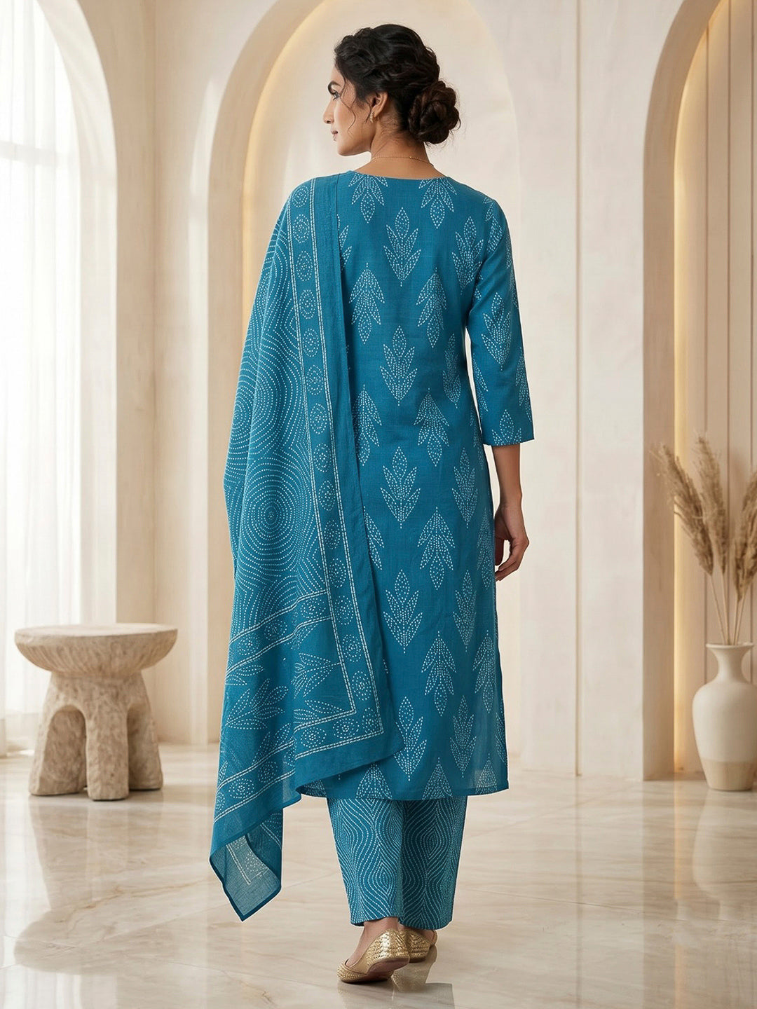 Blue Printed Cotton Blend Kurta With Pant &amp; Dupatta