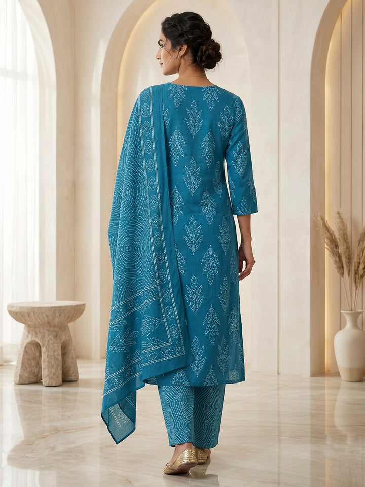Blue Printed Cotton Blend Kurta With Pant &amp; Dupatta