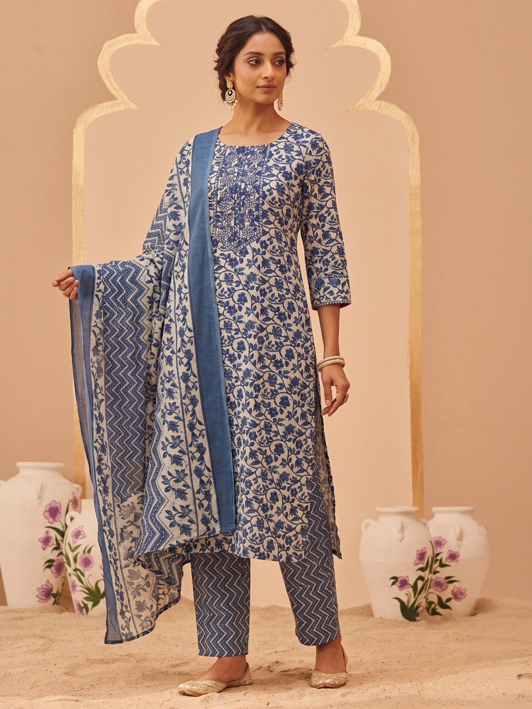 Blue Printed Cotton Blend Kurta With Pant &amp; Dupatta