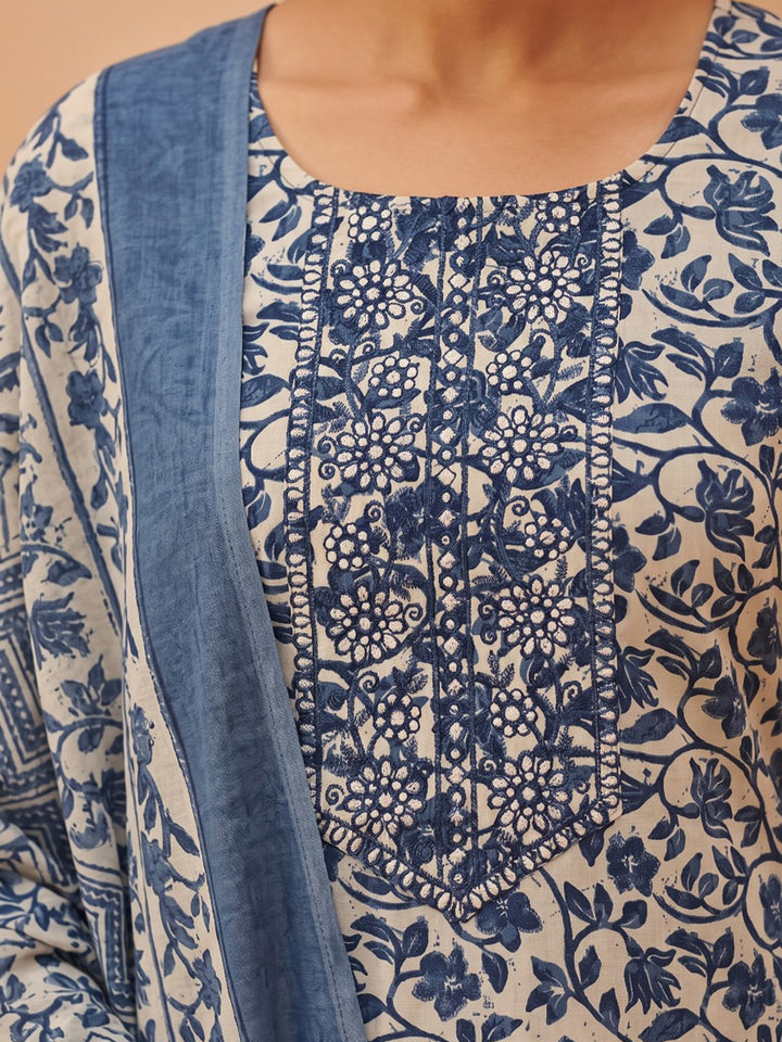Blue Printed Cotton Blend Kurta With Pant &amp; Dupatta