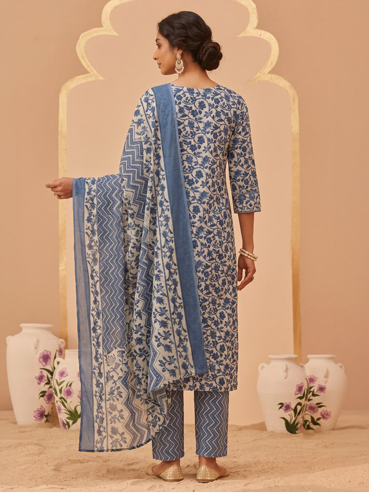 Blue Printed Cotton Blend Kurta With Pant &amp; Dupatta
