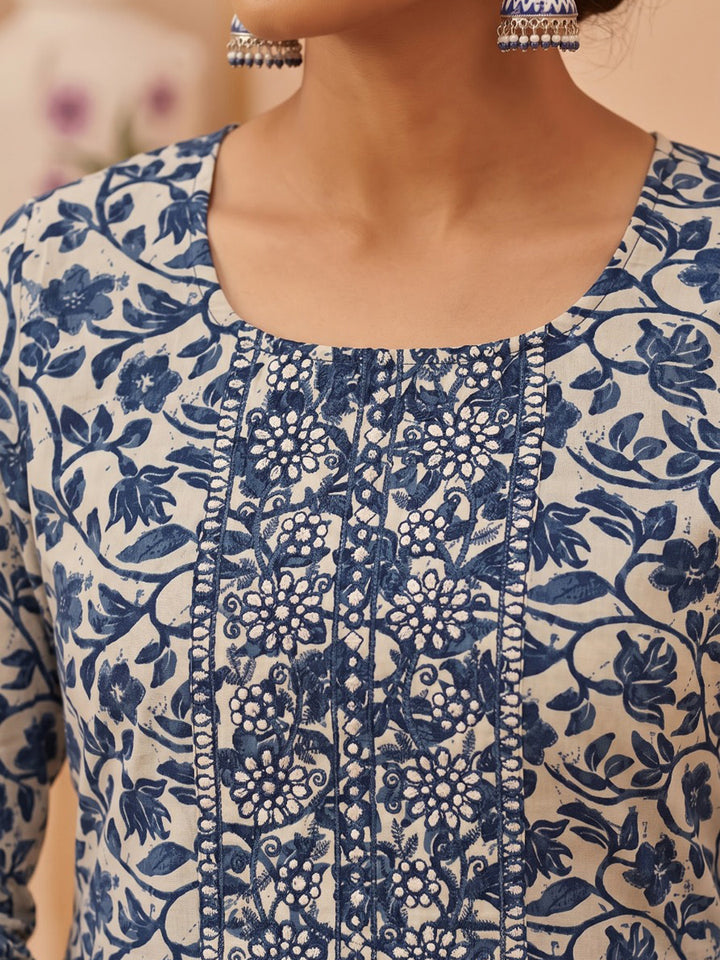 Blue Printed Cotton Blend Kurta With Pant &amp; Dupatta
