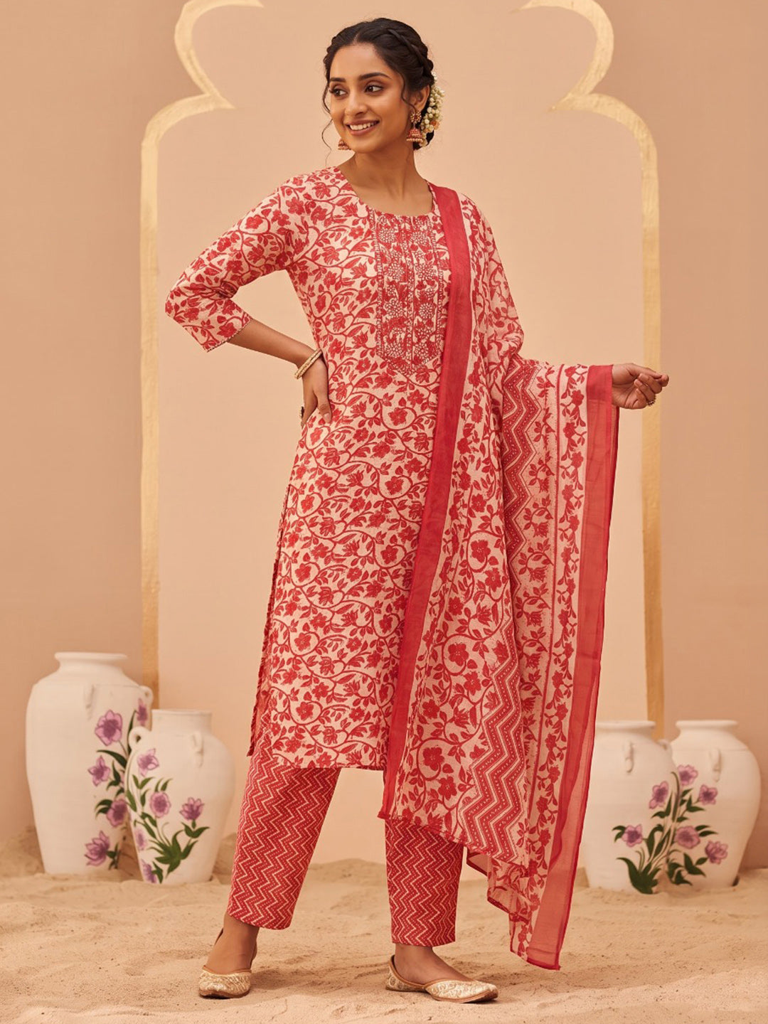 Red Printed Cotton Blend Kurta With Pant &amp; Dupatta