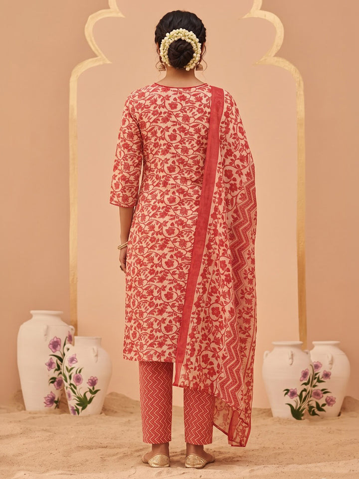 Red Printed Cotton Blend Kurta With Pant &amp; Dupatta