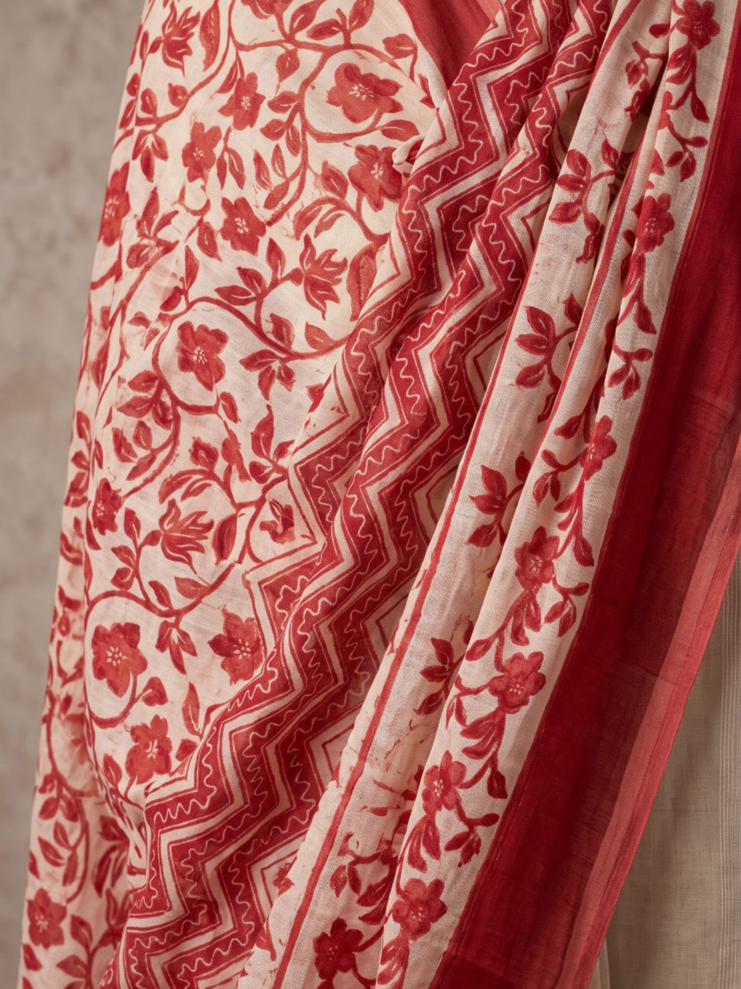 Red Printed Cotton Blend Kurta With Pant &amp; Dupatta