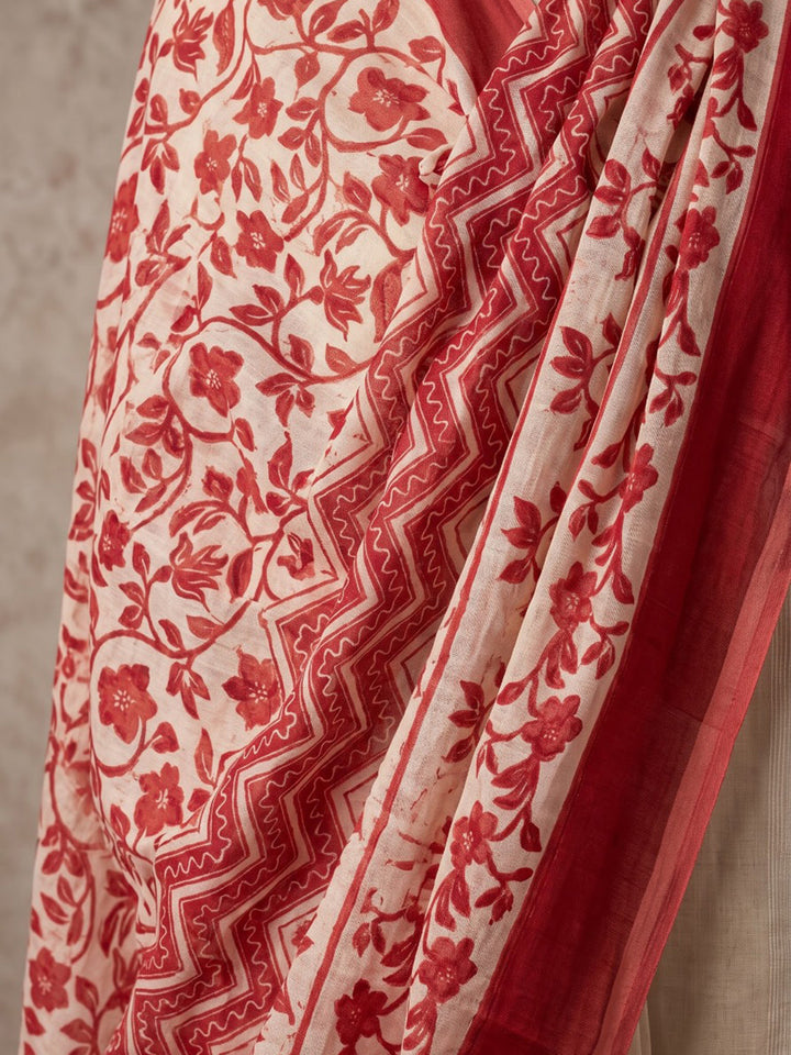 Red Printed Cotton Blend Kurta With Pant &amp; Dupatta