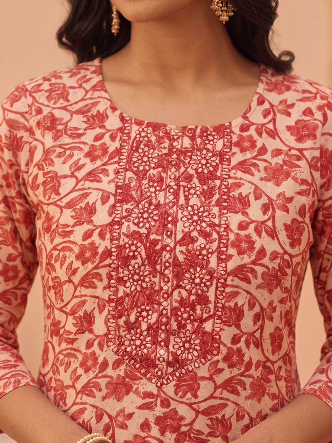 Red Printed Cotton Blend Kurta With Pant &amp; Dupatta
