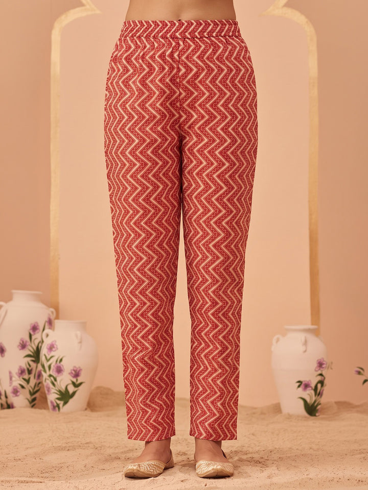 Red Printed Cotton Blend Kurta With Pant &amp; Dupatta