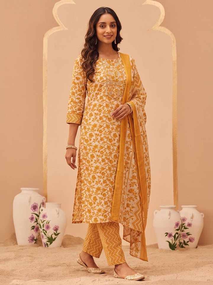 Yellow Printed Cotton Blend Kurta With Pant &amp; Dupatta