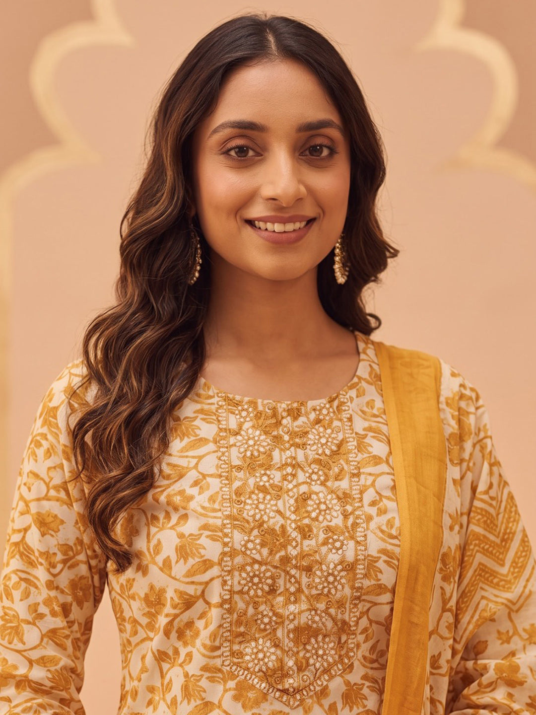 Yellow Printed Cotton Blend Kurta With Pant &amp; Dupatta