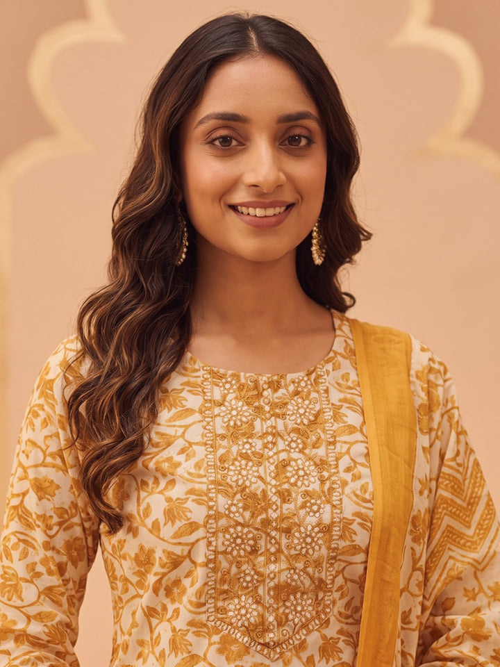 Yellow Printed Cotton Blend Kurta With Pant &amp; Dupatta