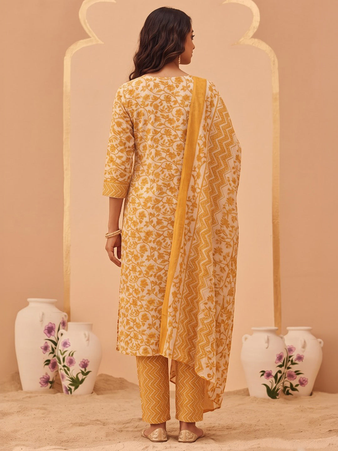 Yellow Printed Cotton Blend Kurta With Pant &amp; Dupatta