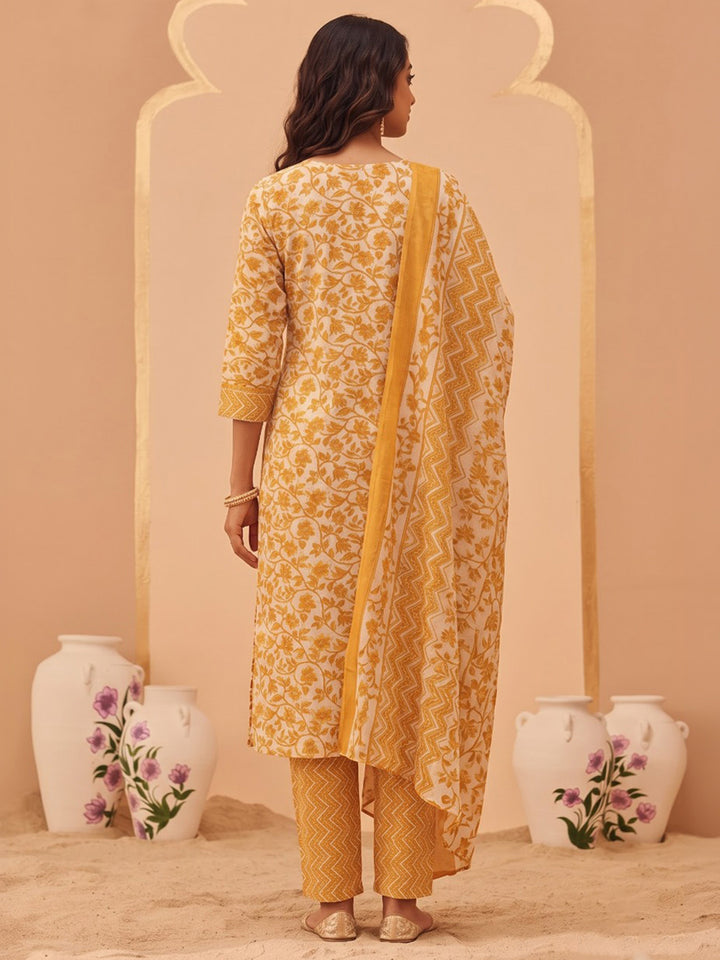 Yellow Printed Cotton Blend Kurta With Pant &amp; Dupatta