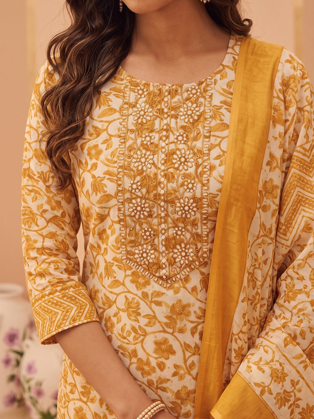 Yellow Printed Cotton Blend Kurta With Pant &amp; Dupatta