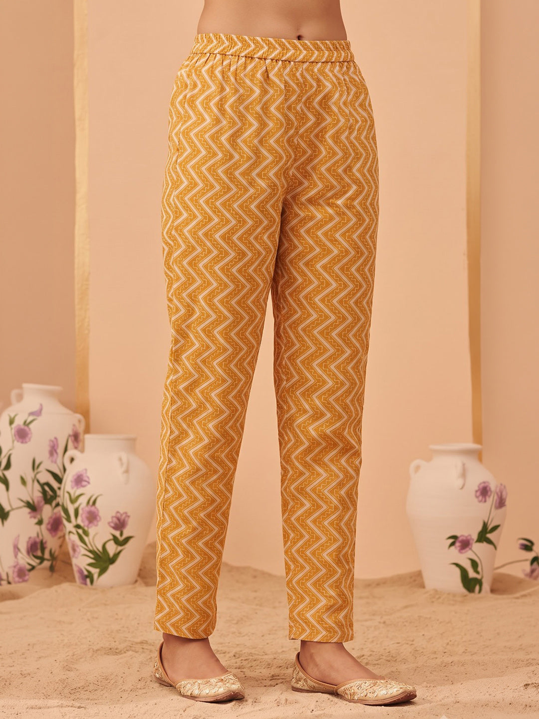 Yellow Printed Cotton Blend Kurta With Pant &amp; Dupatta