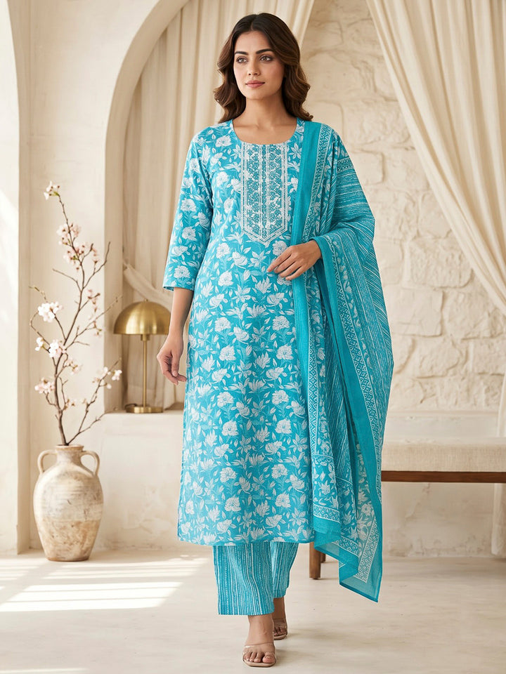 Blue Printed Cotton Blend Kurta With Pant &amp; Dupatta