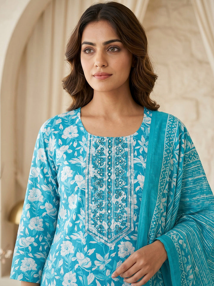 Blue Printed Cotton Blend Kurta With Pant &amp; Dupatta