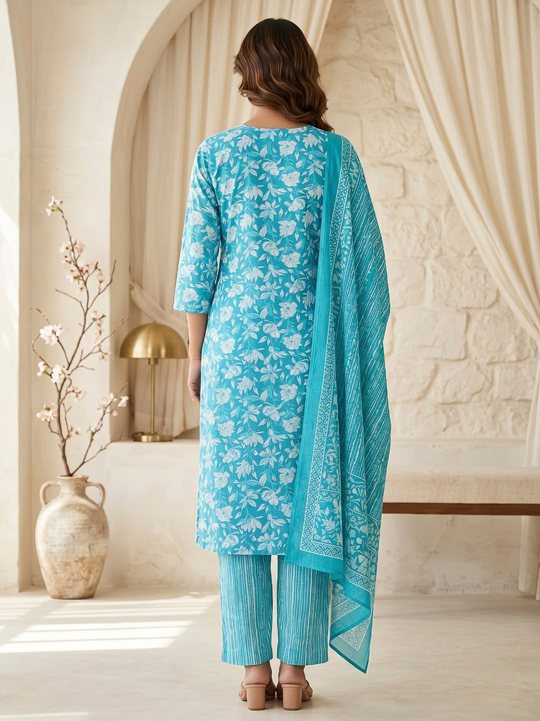 Blue Printed Cotton Blend Kurta With Pant &amp; Dupatta