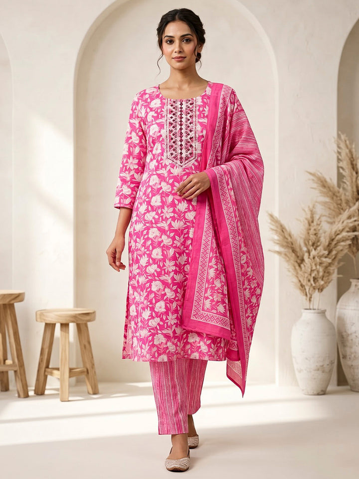 Pink Printed Cotton Blend Kurta With Pant &amp; Dupatta