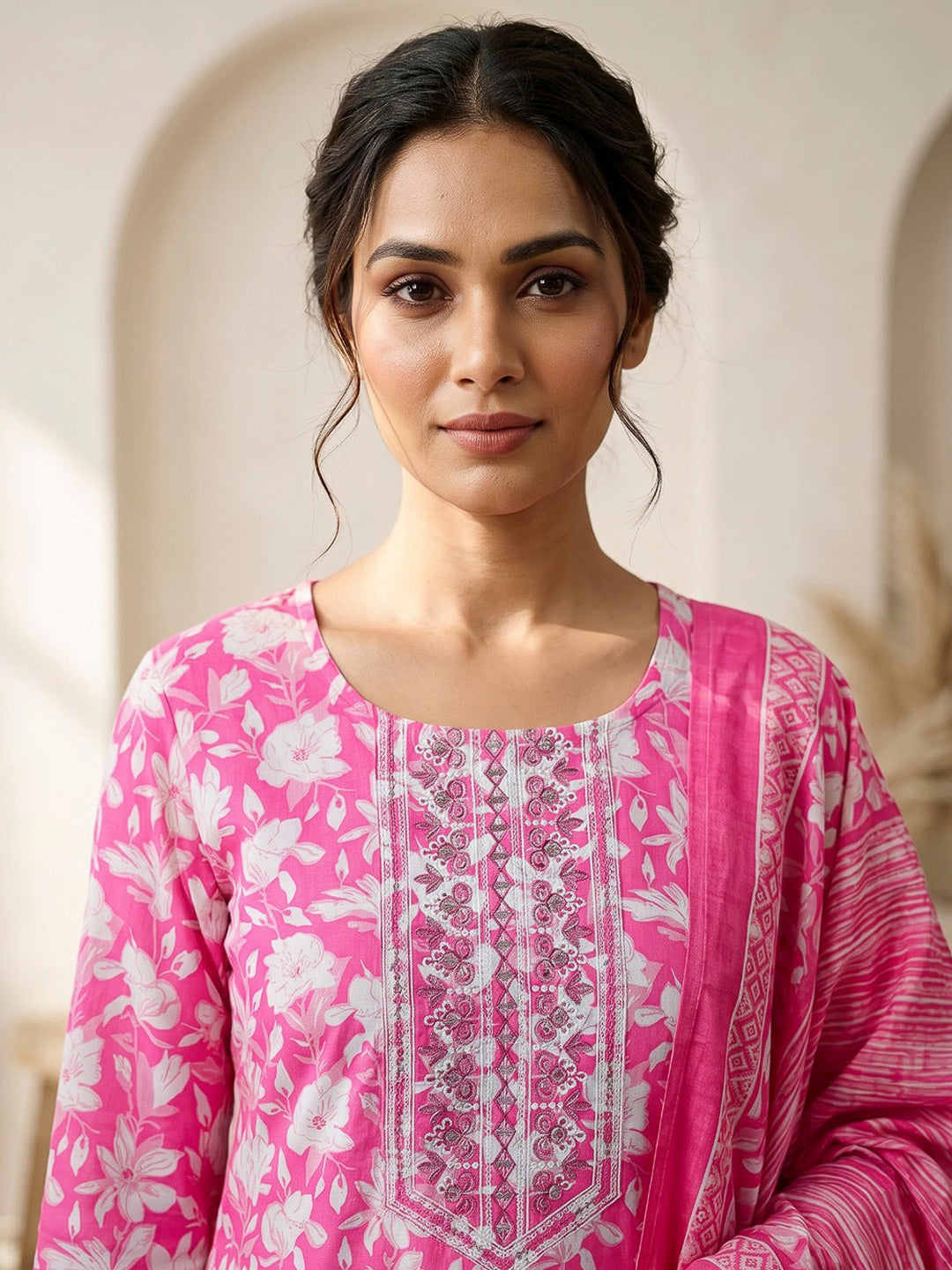 Pink Printed Cotton Blend Kurta With Pant &amp; Dupatta