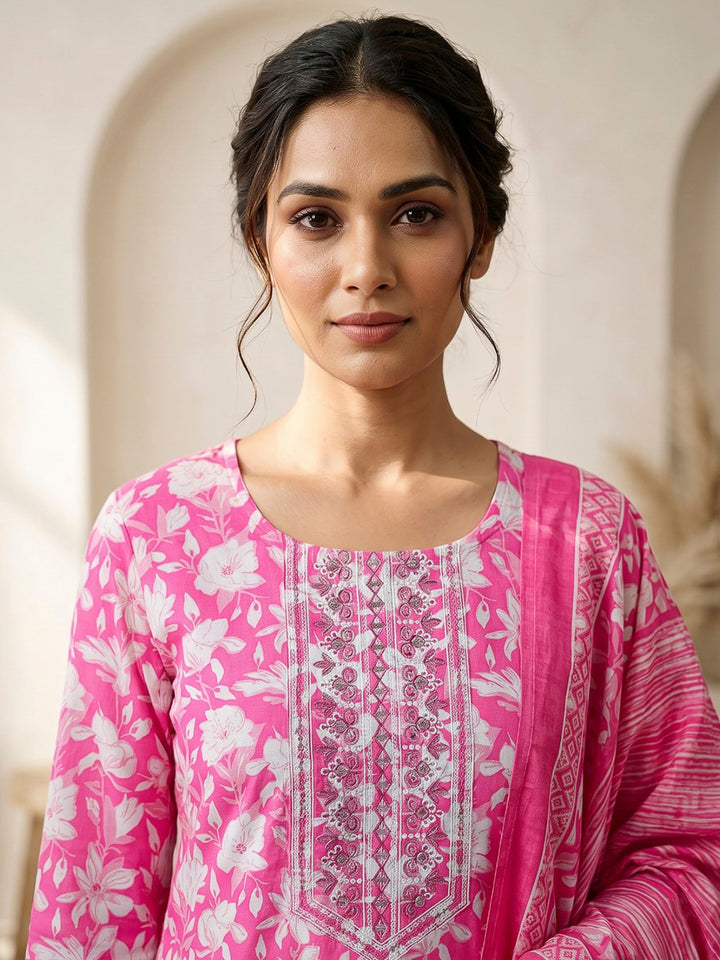 Pink Printed Cotton Blend Kurta With Pant &amp; Dupatta