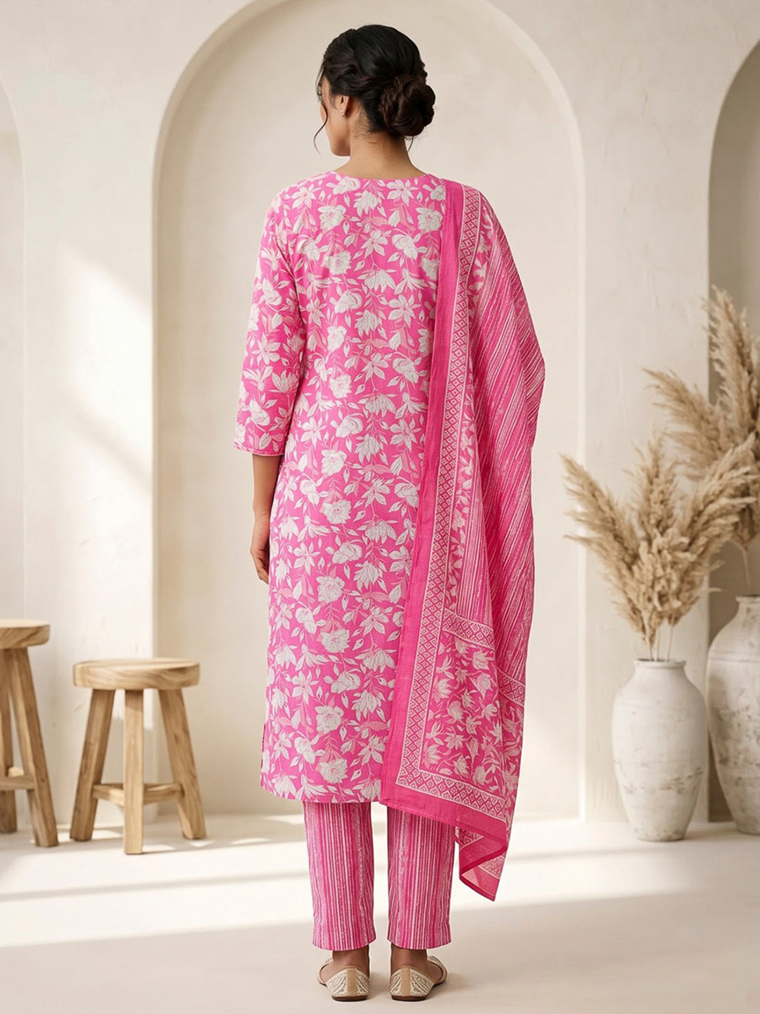 Pink Printed Cotton Blend Kurta With Pant &amp; Dupatta