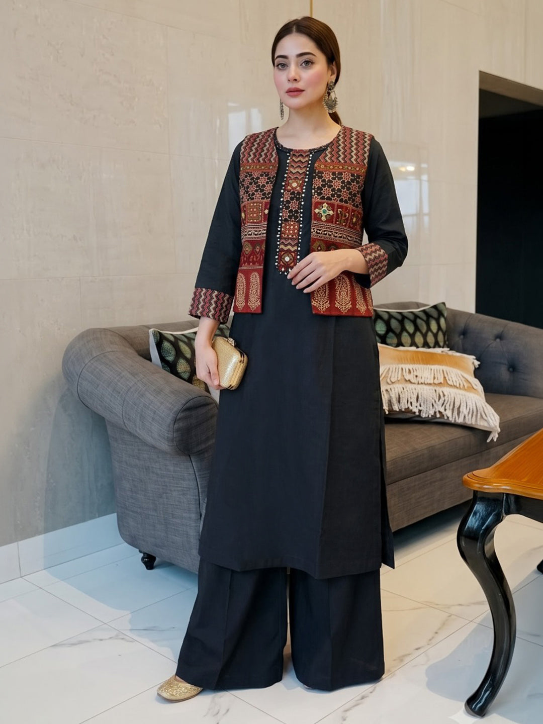 Black Printed Cotton Blend Kurta Set